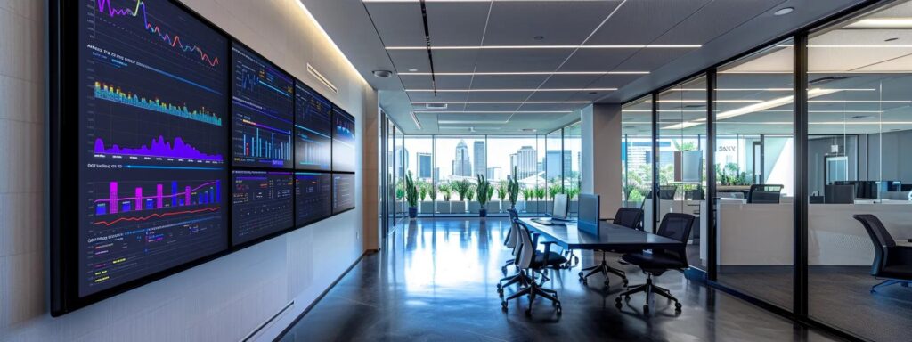 a sleek, modern office space features a large digital display showcasing colorful graphs and data visualizations from google analytics, emphasizing the powerful insights provided by various attribution models.