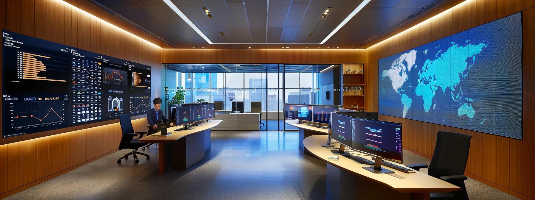 a sleek, modern office space filled with digital analytics dashboards and interactive data displays, showcasing a team engaged in a dynamic strategy session to refine key performance metrics for business growth.