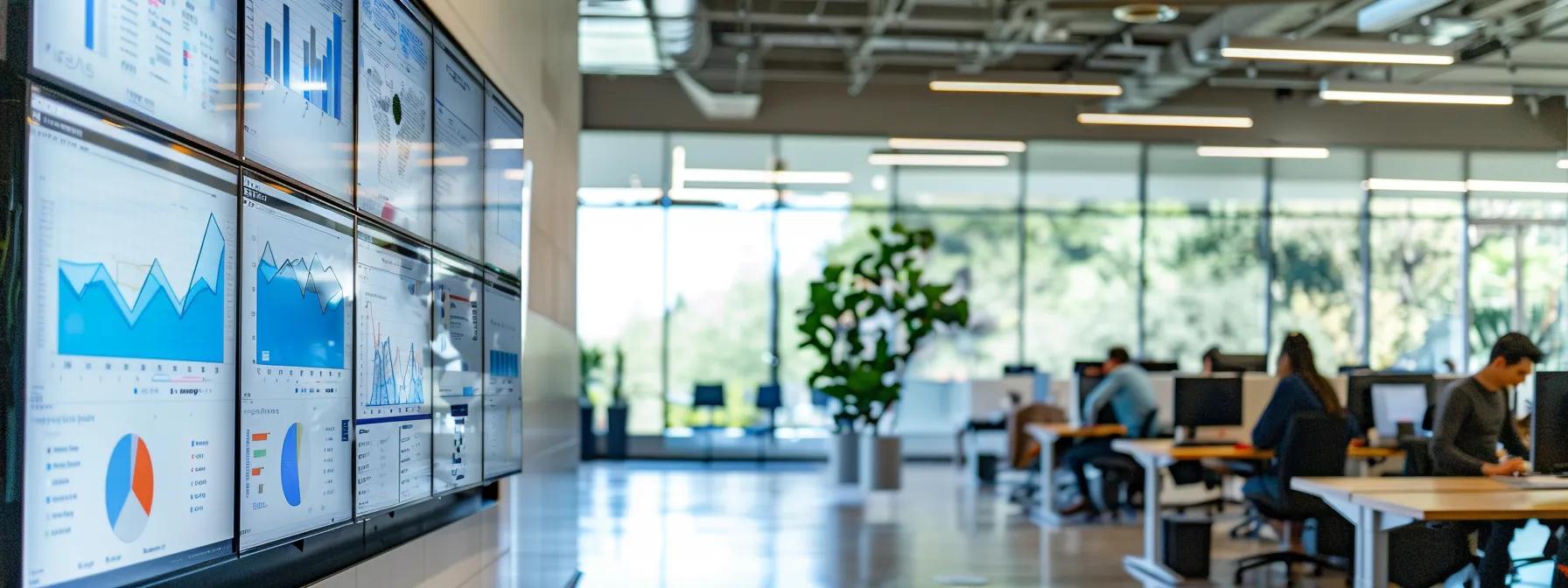 a sleek, modern office space features a large digital screen displaying dynamic google analytics dashboards, with professionals focused on analyzing data trends that drive crucial business decisions.
