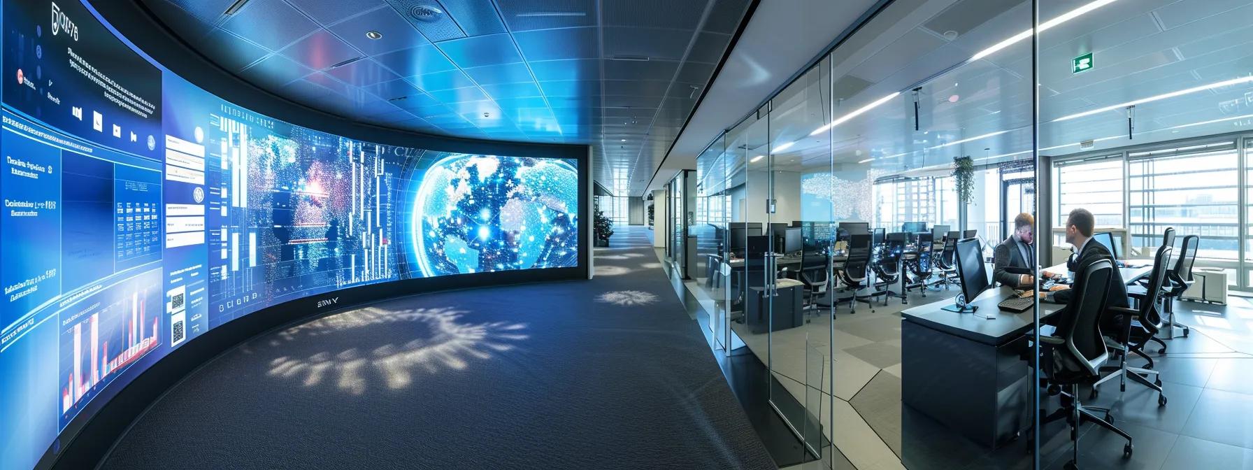 a sleek, modern office space with an interactive presentation on a large screen displaying various attribution models, as marketers engage in an analytical discussion surrounded by digital data visuals and technology-focused decor.