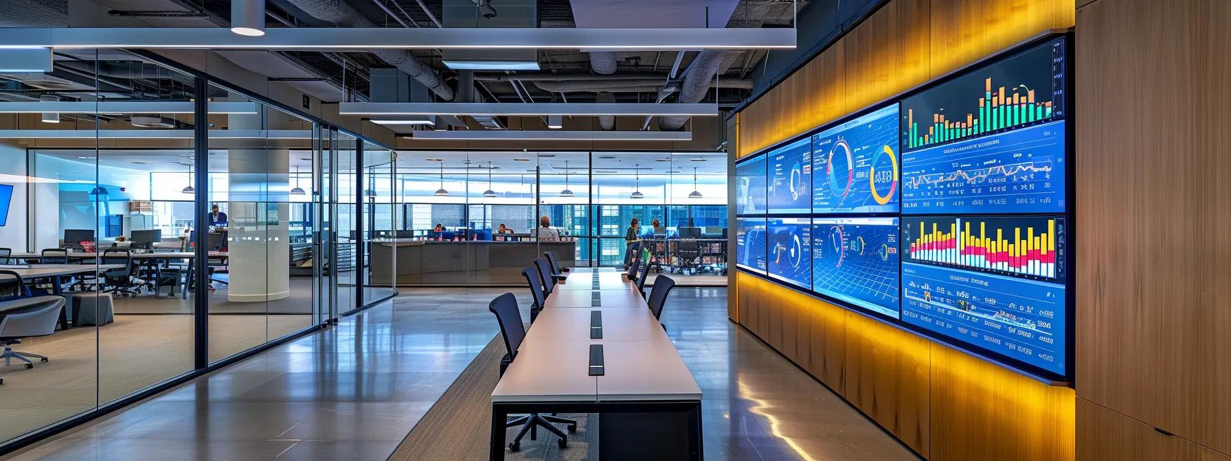 a sleek, modern office space features a large digital display showcasing dynamic graphs and analytics from google analytics 4, highlighting its enhanced reporting capabilities and data insights against a backdrop of engaged professionals analyzing the information.