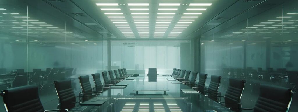 a sleek, modern office with a large glass conference table surrounded by professionals engaged in a discussion, illuminated by soft overhead lighting, emphasizes the strategic deliberation behind choosing the right attribution model in digital marketing.
