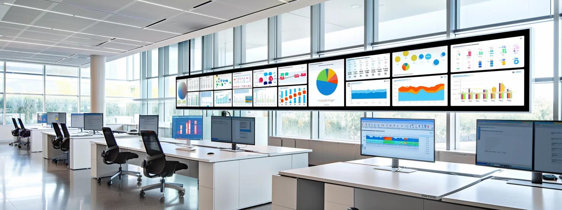 a sleek, modern office with multiple digital screens displaying customized google analytics dashboards, showcasing vibrant data visualizations and tailored reports that emphasize enhanced user experience and strategic insights.
