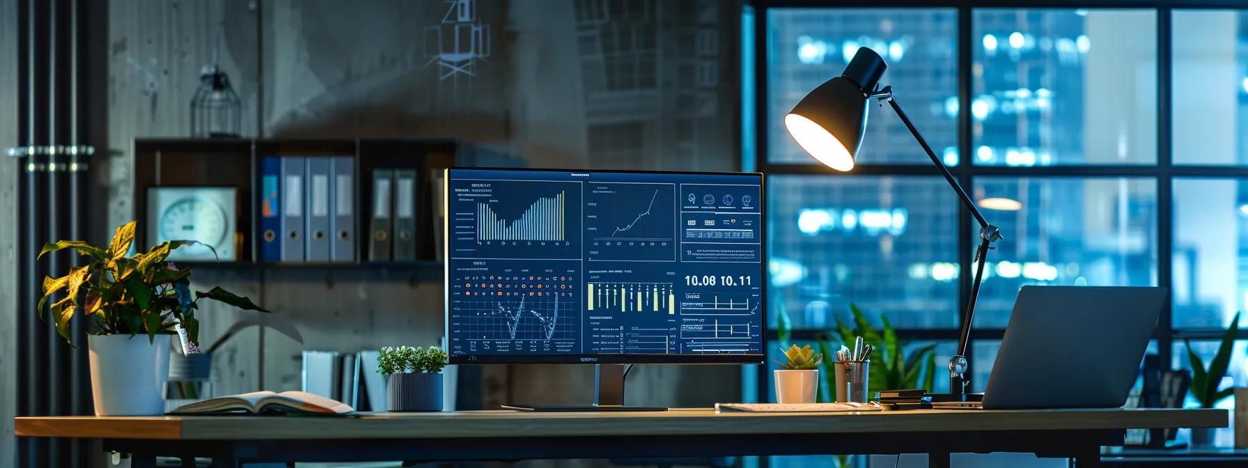 a sleek modern office with a large monitor displaying the ga4 admin interface, showcasing vivid graphs and charts related to attribution settings, illuminated by soft overhead lighting that emphasizes the technology's sophistication.