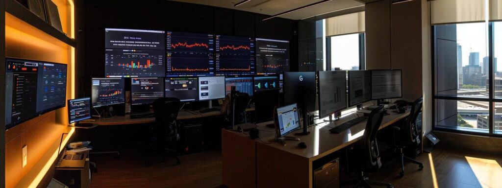 a sleek, modern office with multiple screens displaying dynamic google analytics 4 dashboards contrasted against a dark background, highlighting key metrics and insights while a focused analyst studies the data intently.