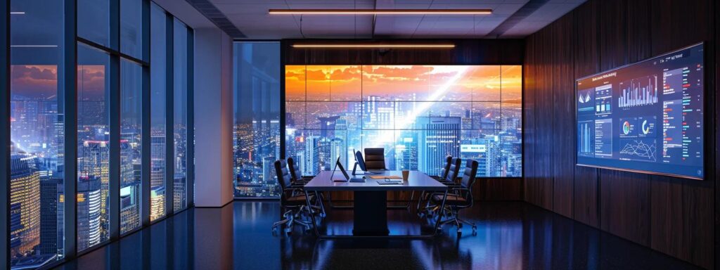 a sleek, modern office with a large digital screen displaying vibrant data visualizations, highlighting the complexities of attribution models in a dynamic and insightful atmosphere.
