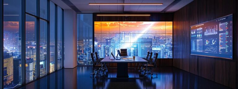 a sleek, modern office with a large digital screen displaying vibrant data visualizations, highlighting the complexities of attribution models in a dynamic and insightful atmosphere.