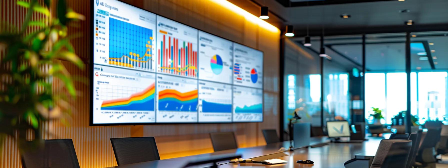a sleek, modern office workspace with a large screen displaying a vibrant google analytics dashboard, showcasing various attribution models in a dynamic and engaging manner, illuminated by soft, focused lighting.