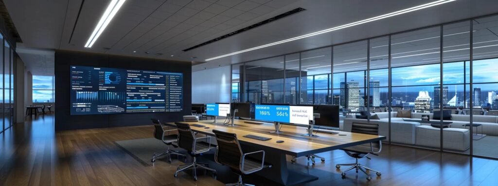 a sleek, modern office workspace features a large digital display showcasing a detailed infographic of google analytics premium features, emphasizing hidden fees, with a professional at a minimalist desk intently analyzing the data.