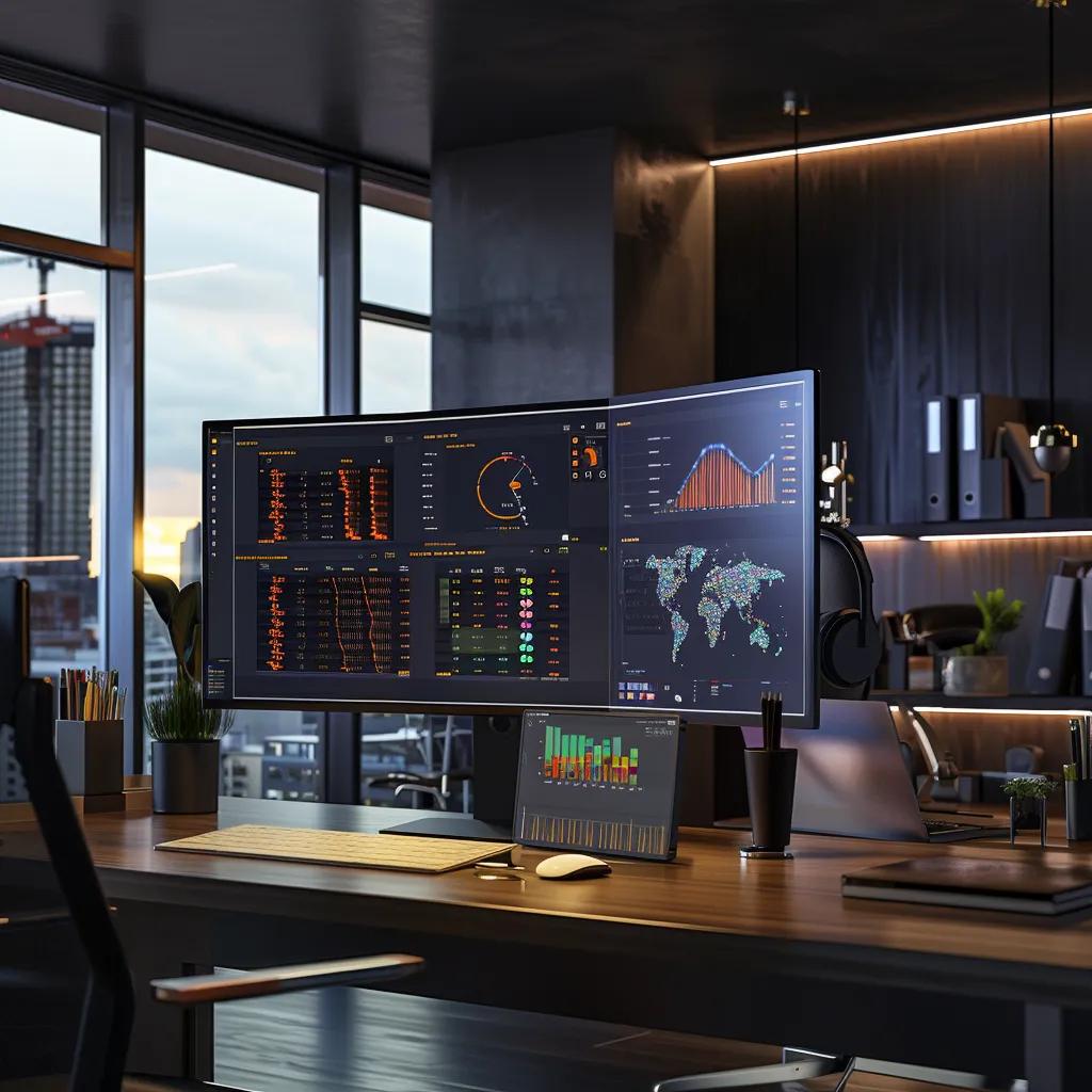 a sleek, modern office workspace showcases a vibrant digital dashboard illuminated with dynamic graphs and analytics, highlighting the cutting-edge nature of business technology.