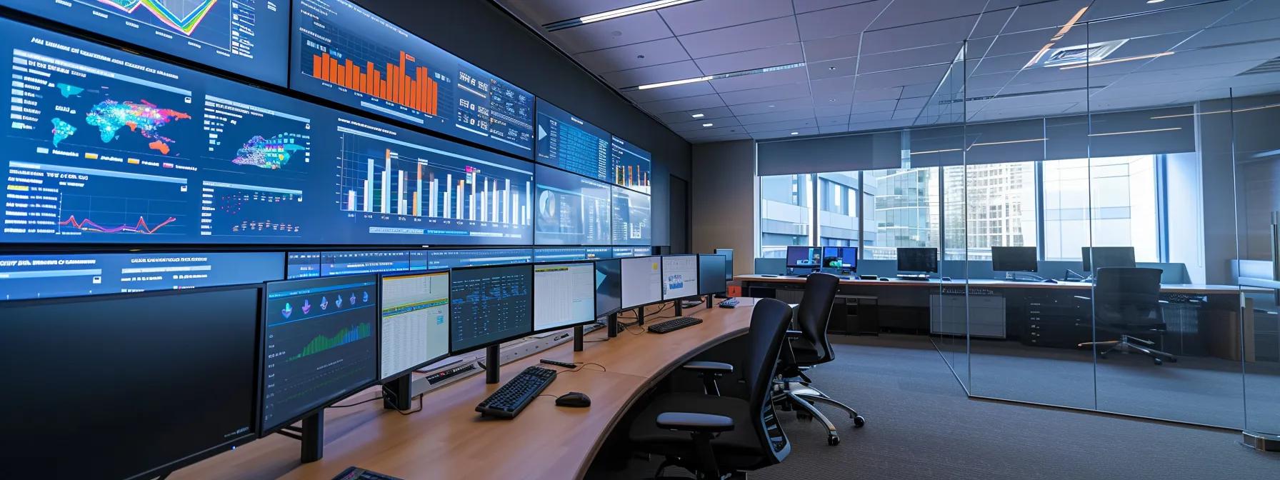 a sleek, modern office workspace features a large computer screen displaying vibrant custom dashboards with clear graphs and charts, highlighting key performance indicators in an efficient and organized layout.