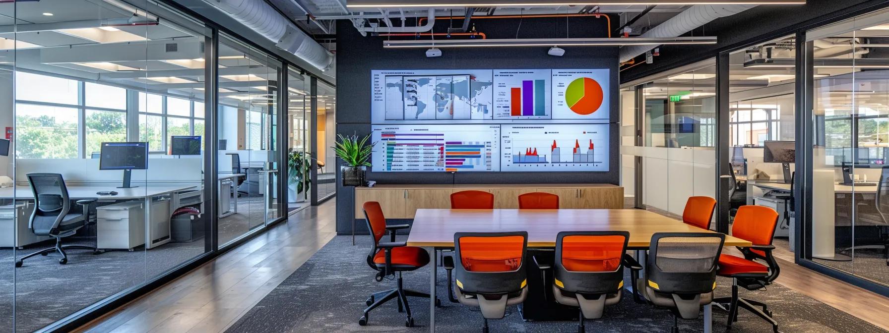 a sleek, modern office workspace features a large digital screen displaying comparative analytics data, highlighting key cost factors of google analytics 4 in a visually engaging, vibrant color palette.