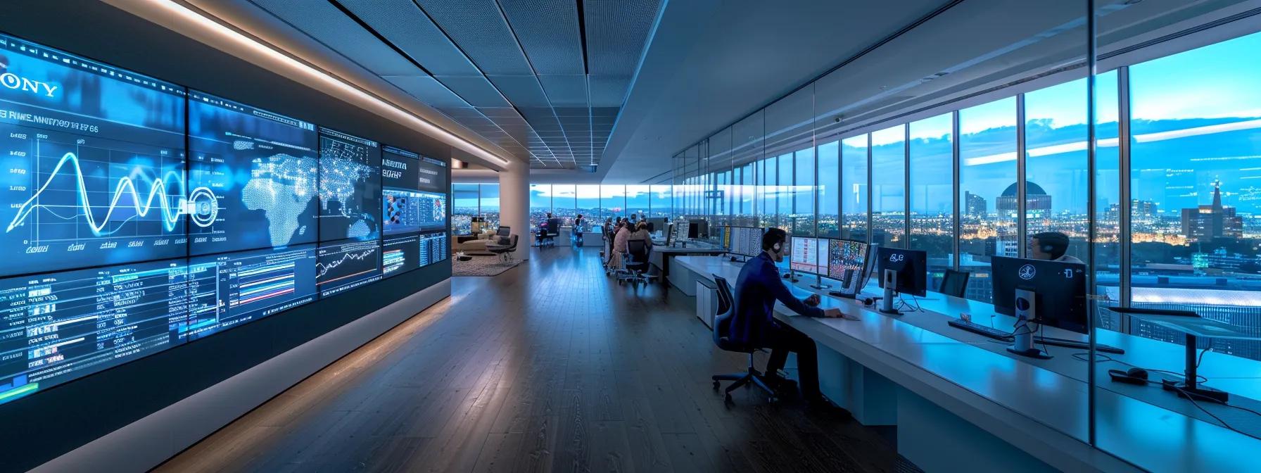 a sleek, modern office workspace showcases a large screen displaying dynamic analytics graphs and charts, emphasizing the strategic assessment of roi from upgrading to google analytics 4 amidst a backdrop of focused professionals engaged in data-driven discussions.