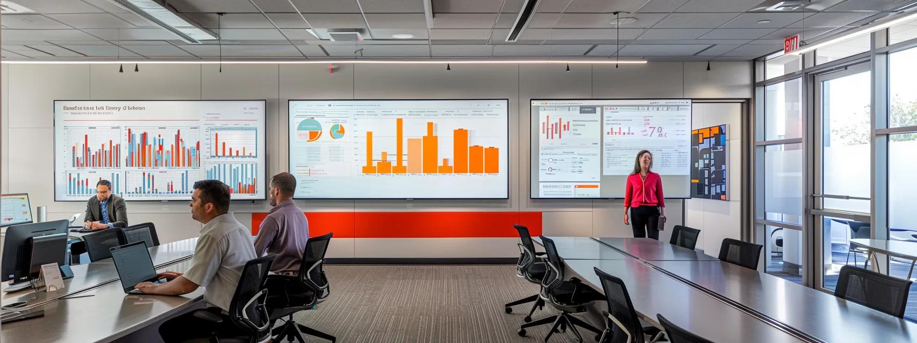 a sleek, modern office workspace is filled with digital displays showcasing dynamic graphs and analytics, illustrating enhanced e-commerce tracking metrics, while a focused business professional reviews data insights on a laptop, capturing the essence of data-driven decision-making in retail.