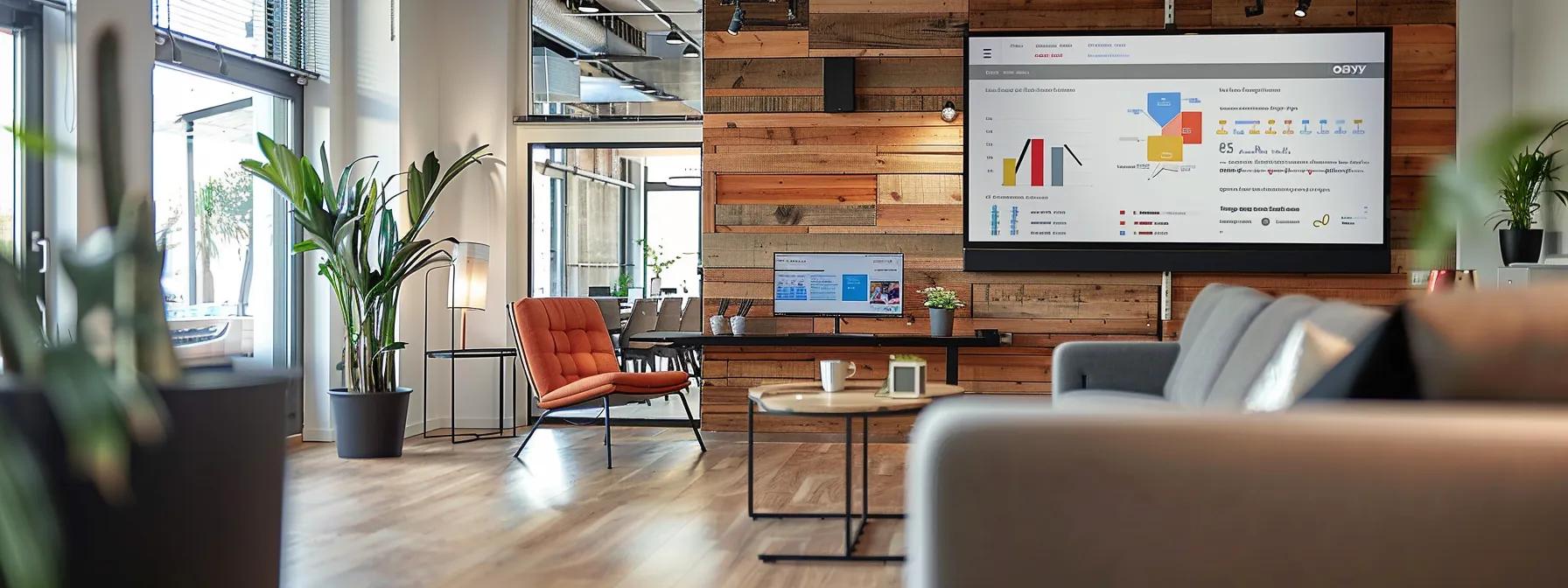 a sleek, modern office workspace features a large digital screen displaying a colorful infographic on selecting the optimal attribution model in google analytics 4, surrounded by stylish furniture and a warm, inviting ambiance.