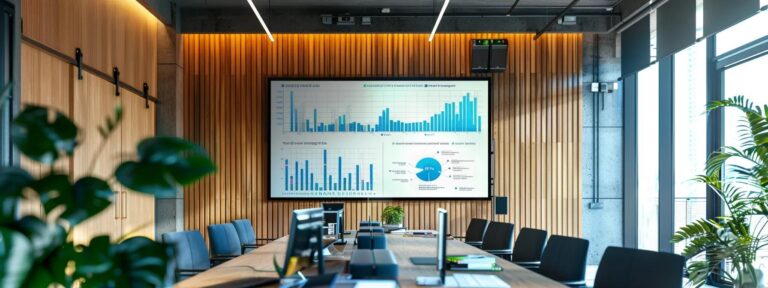a sleek, modern office workspace showcases a large screen displaying dynamic charts and graphs from google analytics 4, emphasizing data-driven decision-making in a tech-savvy environment.