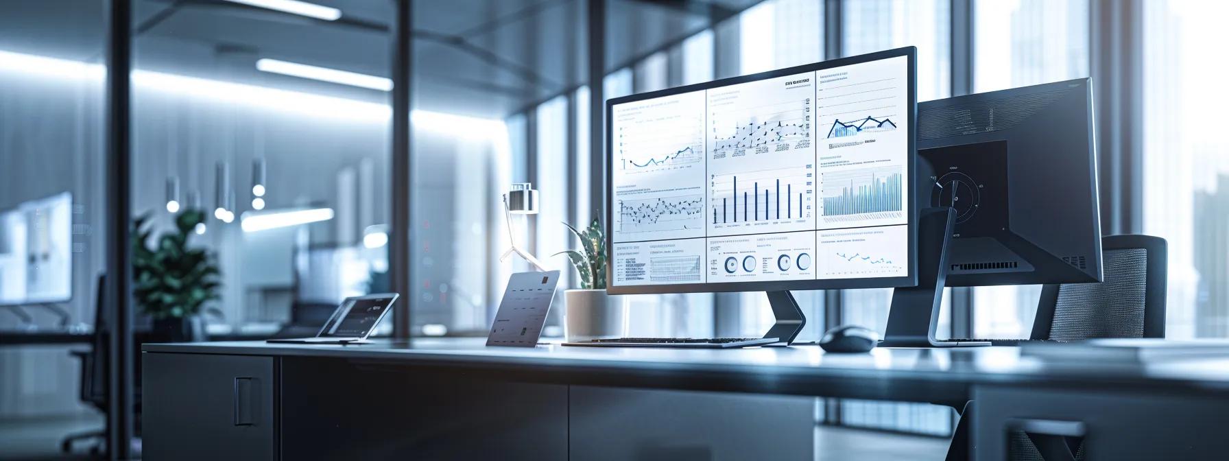 a sleek, modern office workspace features a polished desk with a high-resolution monitor displaying vibrant graphs and analytics dashboards, illuminated by soft, focused overhead lighting to emphasize the importance of data-driven decision-making.