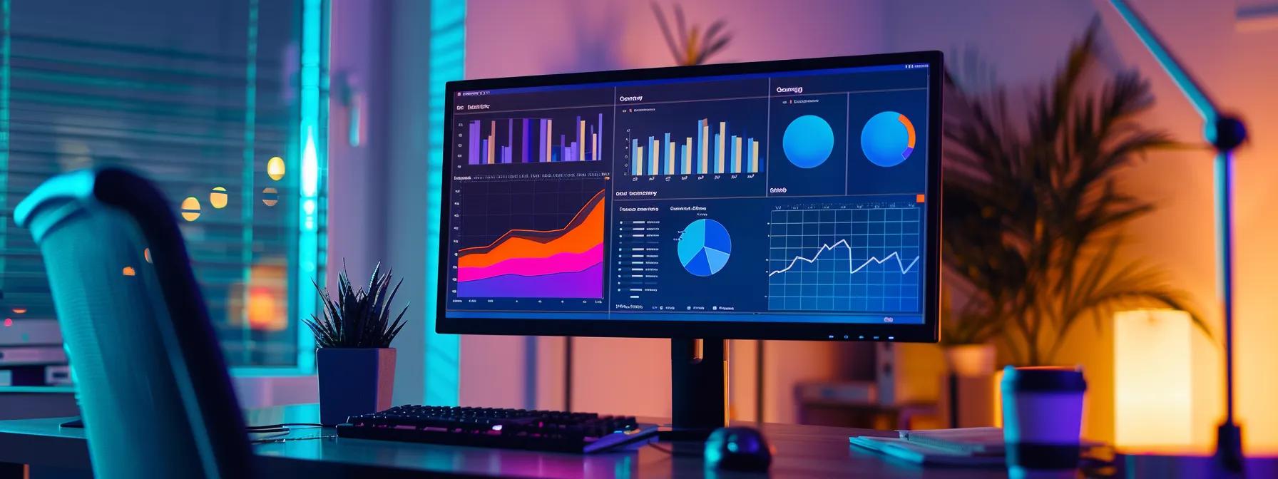 a sleek, modern office workspace features a digital dashboard displaying google analytics 4 metrics on a high-resolution monitor, illuminated by vibrant led lights, conveying a sense of professionalism and data-driven decision-making.