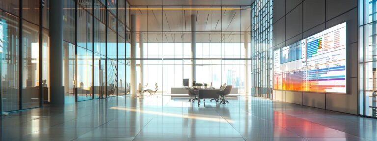 a sleek, modern office workspace featuring two large screens displaying contrasting analytics data, highlighting the cost differences between google analytics 4 and its previous versions, with a professional, analytical atmosphere reinforced by sharp lines and cool color tones.