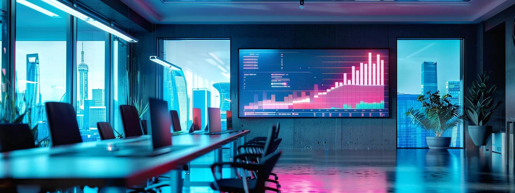 a sleek, modern office workspace features a large digital screen displaying a comparison chart of traditional marketing metrics versus attribution insights, illuminated by vibrant led lighting to emphasize the contrast in data complexity.