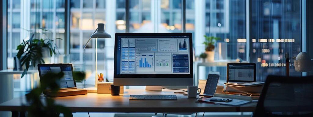 a sleek, modern office workspace displays multiple screens filled with vibrant analytics dashboards, emphasizing key metrics and data visualizations that drive effective business strategy development.