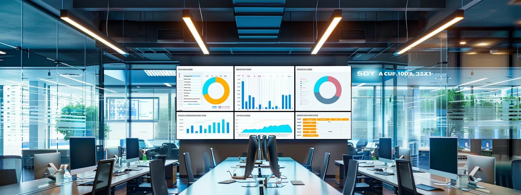 a sleek office workspace features a large screen displaying vibrant google analytics dashboards filled with engaging metrics and graphs, illuminated by modern overhead lighting, symbolizing the transformation of data into strategic business insights.