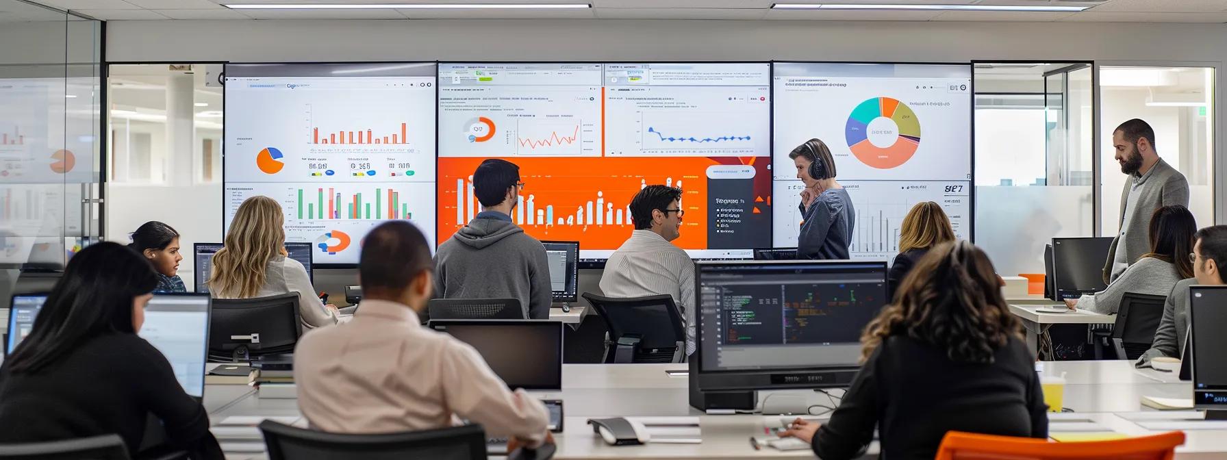 a visually striking office scene featuring a sleek computer screen displaying google analytics dashboards with colorful data visualizations and graphs, surrounded by focused professionals collaborating an effective cost management strategy.