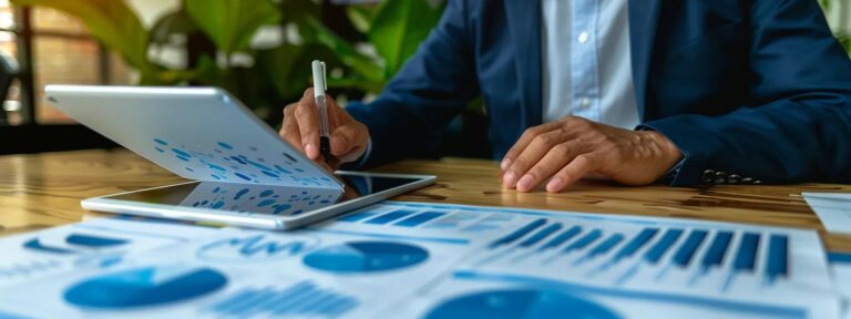 an engaging office environment showcases a confident professional analyzing intricate model selection charts on a sleek digital tablet, emphasizing the theme of mastering attribution in modern data strategies.