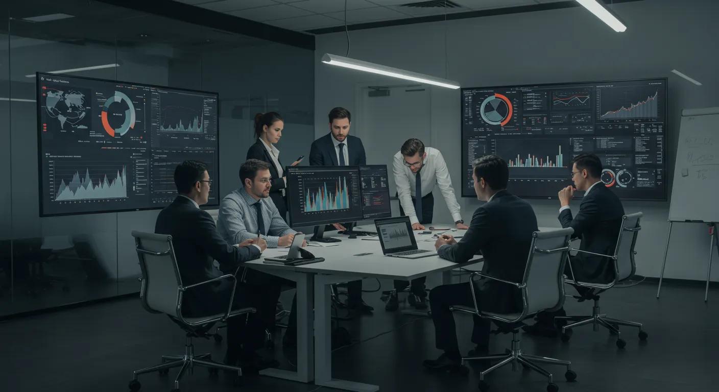 a modern office interior featuring a sleek conference table adorned with digital displays showcasing colorful graphs and metrics, as focused professionals analyze the data with intent expressions under bright, focused lighting.