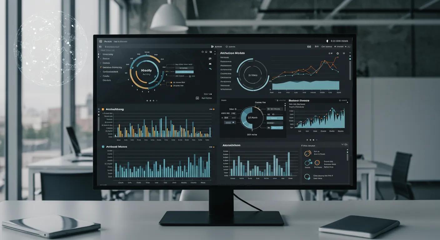 a modern office workspace featuring an interactive digital dashboard displaying various attribution models, with graphs and data visualization that illustrate the impact of multiple marketing channels on conversion paths.